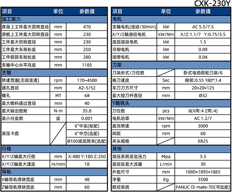 數(shù)控臥式車削中心CXK-230Y參數(shù)